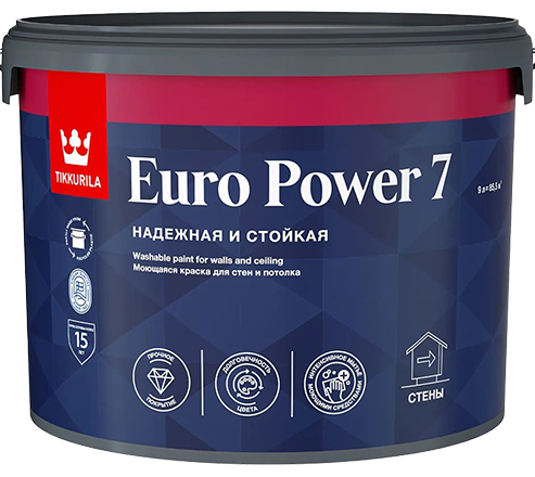 Краска интерьерная Tikkivala Euro Power 7, стойкая к мытью, матовая, база А, уп 9 л Цвет: белый