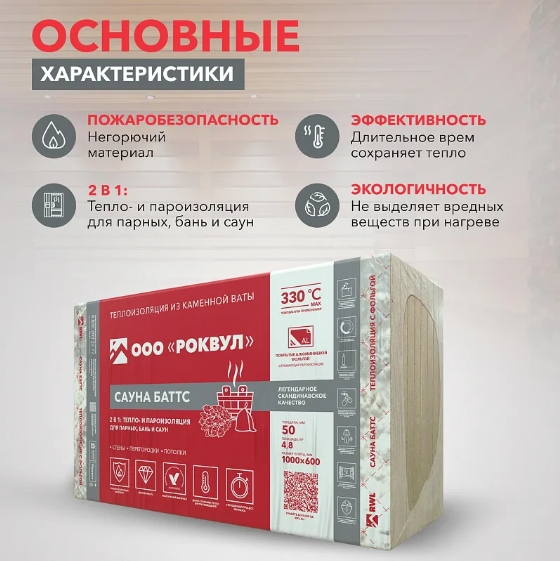 Rockwool Сауна Баттс, 50х600х1000 мм, 4.8 м², 0.24 м³ уп