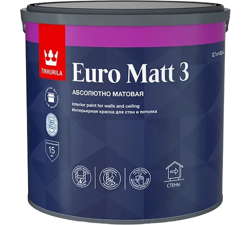 Краска интерьерная Tikkivala Euro Matt 3, гл/мат, база С, уп 0.9 л Цвет: колеровка