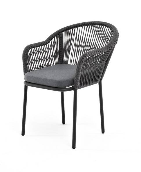 Стул из роупа, Лион, каркас алюминий серый муар, роуп серый круглый, ткань серая