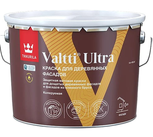 Краска для деревянных фасадов Tikkivala Valtti Ultra, матовая, база А, уп 9 л цвет: колеровка