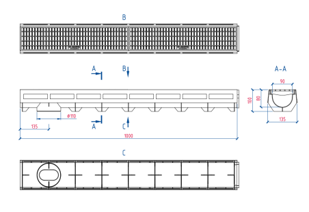 Лоток пластиковый с пластиковой решеткой Aquastok Aqua-Top DN90 Н100, кл. A, арт. 1092