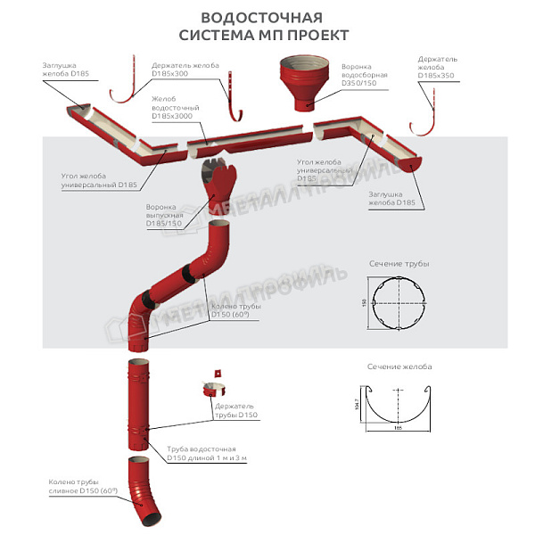 Держатель желоба Ø185х350 мм, Металл Профиль Проект, ПО, RAL 8017