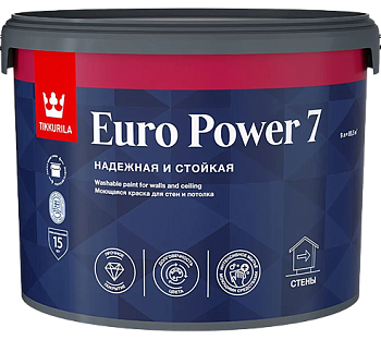 Краска интерьерная Tikkivala Euro Power 7, стойкая к мытью, матовая, база А, уп 0.9 л Цвет: колеровка