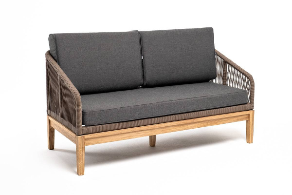 Диван 2-местный из роупа, Канны, основание дуб, роуп коричневый круглый, ткань темно-серая