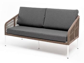 Диван 2-местный из роупа, Канны, каркас алюминий белый, роуп коричневый круглый, ткань серая