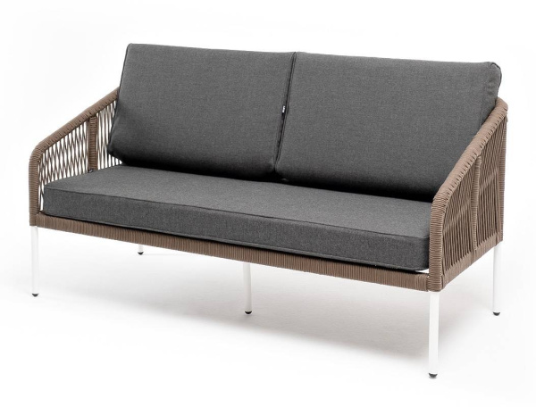 Диван 2-местный из роупа, Канны, каркас алюминий белый, роуп коричневый круглый, ткань серая