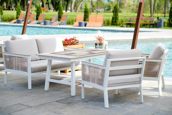 Диван 2-местный из роупа, Сан Ремо, каркас алюминий белый, роуп бежевый, ткань бежевая