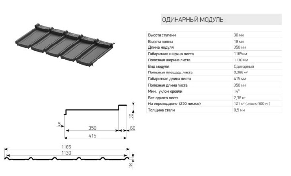 Модульная металлочерепица Aquasystem, Берген 1165х415 мм, 0.5 мм, Rooftop Бархат, RAL 7016