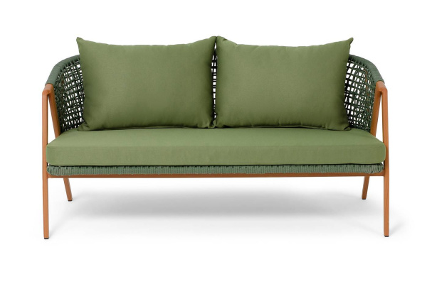 Диван 2-местный из роупа, Амстердам, каркас алюминий, роуп зеленый круглый, ткань зеленая