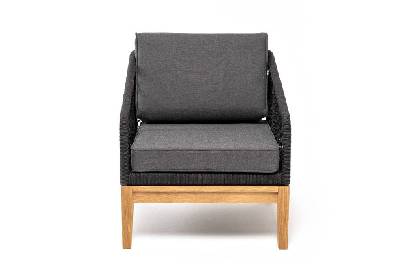 Кресло из роупа /узелки/, Канны, основание дуб, роуп темно-серый круглый, ткань серая