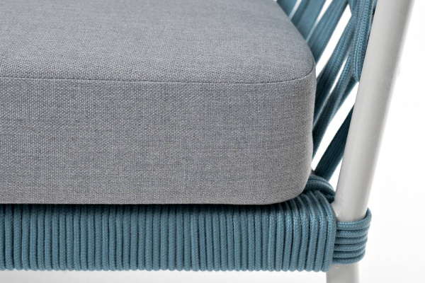 Диван 2-местный из роупа, Диего, каркас алюм светло-серый муар, роуп бирюза круг, ткань светло-серая