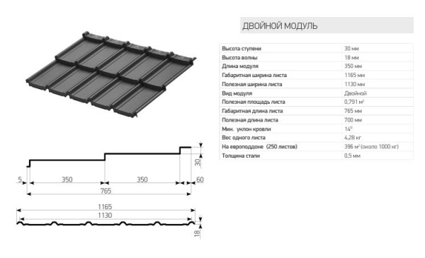 Модульная металлочерепица Aquasystem, Берген 1165х765 мм, 0.5 мм, Rooftop Бархат, RAL 7016