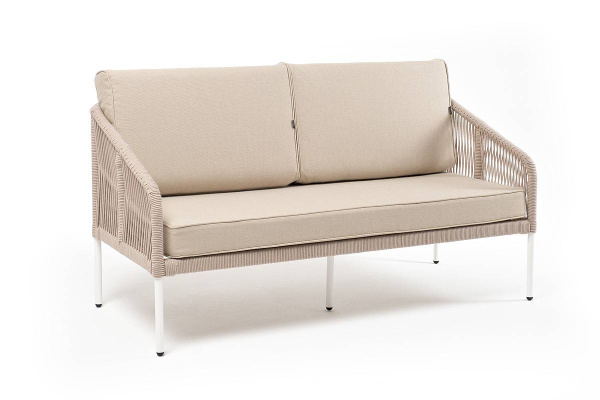 Диван 2-местный из роупа, Канны, каркас алюминий белый муар, роуп бежевый круглый, ткань бежевая 052