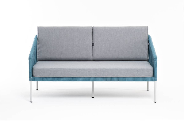 Диван 2-местный из роупа, Канны, карк алюм светло-серый муар, роуп бирюзовый круг, ткань св. серая