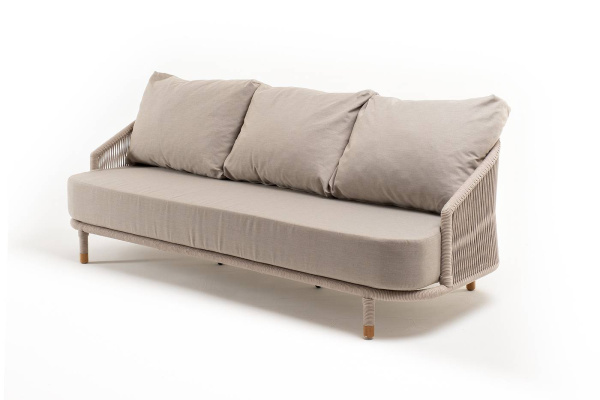 Диван 3-местный из роупа, Верона, каркас алюминий белый муар, роуп бежевый круглый, ткань бежевая