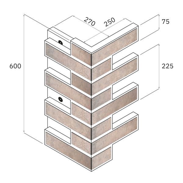 Термопанель угловая Европа с плиткой Keramin, 250х250х600 мм, 40 мм ППС, гладкий, цвет: Орегон 7