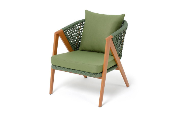 Кресло из роупа, Амстердам, каркас алюминий, роуп зеленый круглый, ткань зеленая