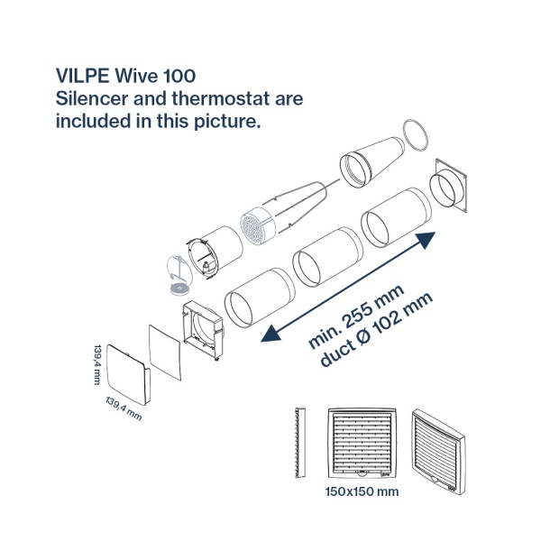 Приточный клапан Vilpe, Wive 100, c термостатом, фильтром и вент. решёткой бежевый