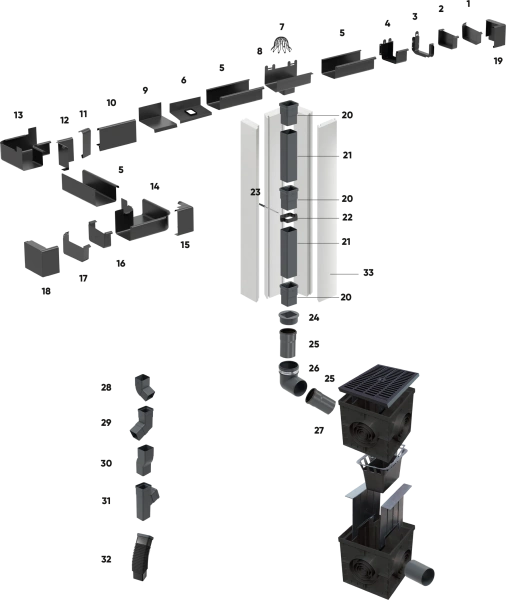 Скрытая водосточная система, Galeco HIDDEN Ø 125/70 x 80 мм, PU, RAL 7024