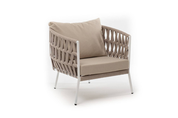 Кресло из роупа, Диего, каркас алюминий белый муар, роуп бежевый круглый, ткань бежевая