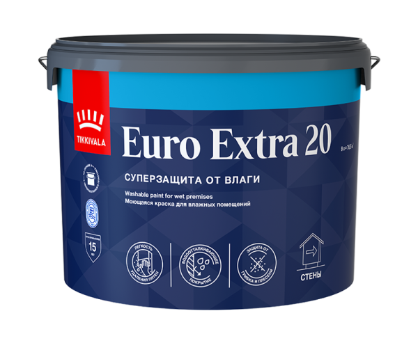 Краска для влажных помещений Tikkivala Euro Extra 20, полуматовая, база А, уп 2.7 л Цвет: белый