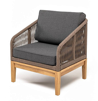 Кресло из роупа, Канны, основание дуб, роуп коричневый круглый, ткань темно-серая