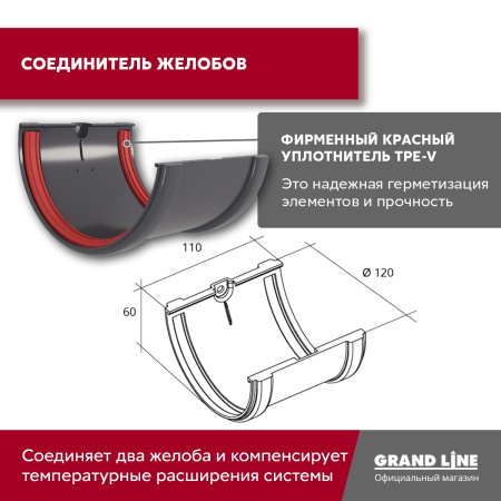 Комплект водосточной системы Классика 120 ПВХ Grand Line, 6 м/3м, графит