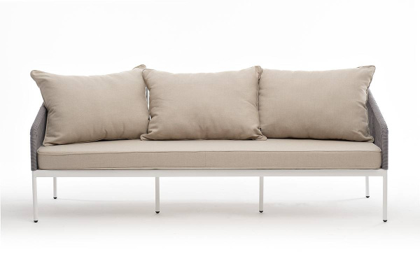 Диван 3-местный из роупа, Канны, каркас алюминий белый муар,роуп светло-серый круглый,ткань бежевая