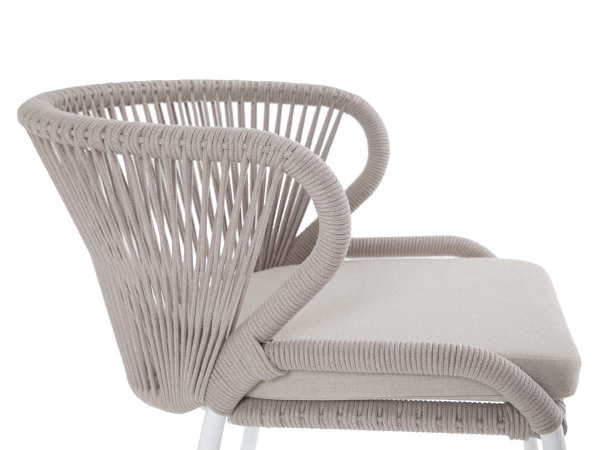 Стул из роупа, Милан, каркас алюминий белый муар, роуп бежевый круглый, ткань бежевая