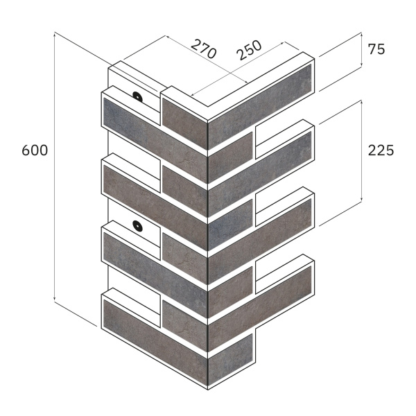 Термопанель угловая Европа с плиткой Keramin, 250х250х600 мм, 40 мм ППС, гладкий, цвет: Орегон 1