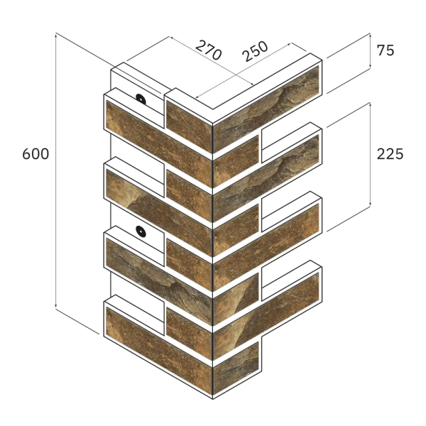 Термопанель угловая Европа с плиткой Keramin, 250х250х600 мм, 40 мм ППС, гладкий, цвет: Колорадо 4
