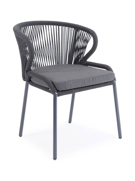 Стул из роупа, Милан, каркас алюминий темно-серый муар, роуп темно-серый круглый, ткань темно-серая