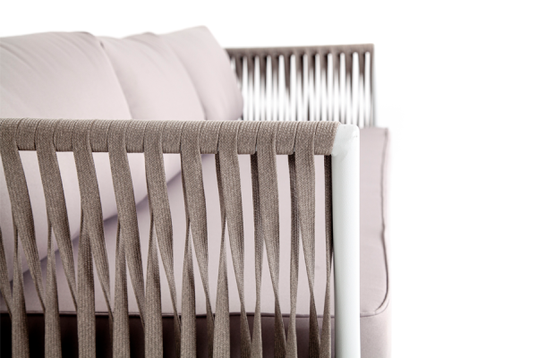 Диван 3-местный из роупа, Касабланка, каркас алюминий белый муар, роуп бежевый 20 мм, ткань бежевая