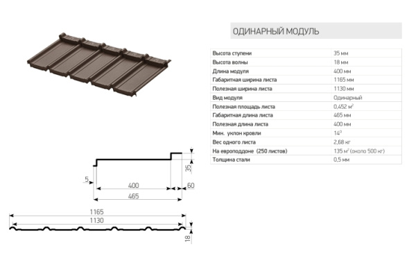 Модульная металлочерепица Aquasystem, Берген XXL 1165х465 мм 0.5 мм, Rooftop Кашемир, RR 32