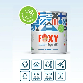 Краска Finntella, Foxy Lapsille matt, специализир. для детских комнат матовая, уп. 0.9 л колеровка