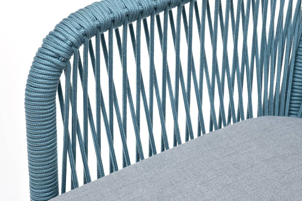 Стул из роупа, Лион, каркас - сталь светло-серый муар, роуп бирюзовый круглый, ткань светло-серая