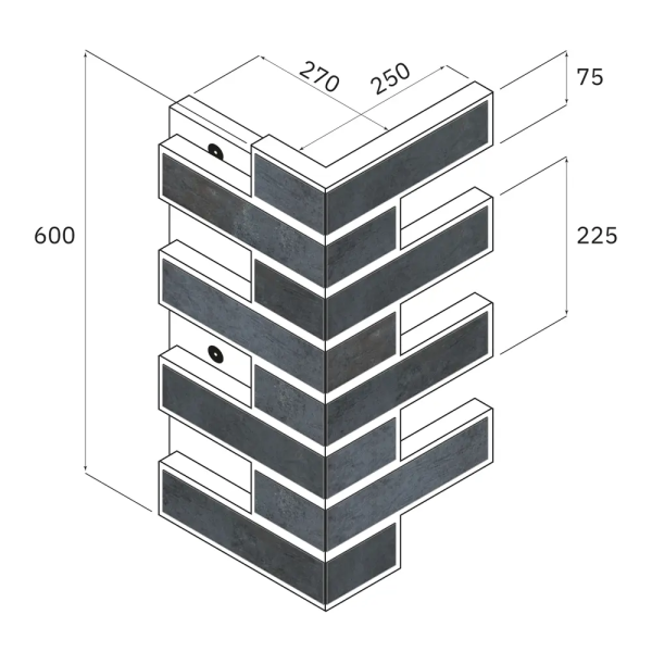 Термопанель угловая Европа с плиткой Keramin, 250х250х600 мм, 80 мм ППС, гладкий, цвет: Иллинойс 2