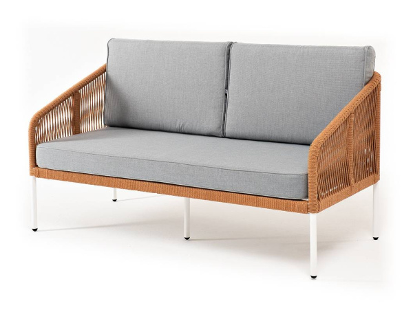 Диван 2-местный из роупа, Канны, каркас алюм белый шагрень,роуп оранж меланж круг,ткань светло-серая