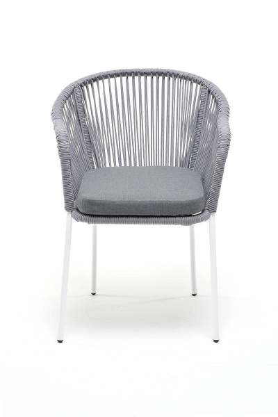 Стул из роупа, Лион, каркас - сталь белый муар, роуп светло-серый круглый, ткань светло-серая