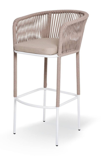 Стул барный из роупа, Марсель, сталь светло-серый муар, роуп светло-серый круглый,ткань светло-серая