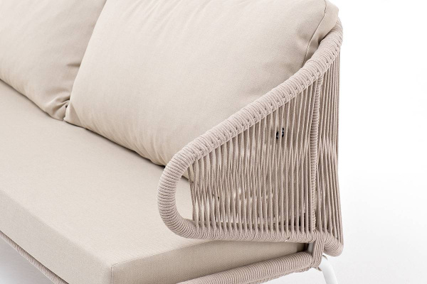 Диван 3-местный из роупа, Милан, каркас алюминий белый муар, роуп бежевый круглый, ткань бежевая