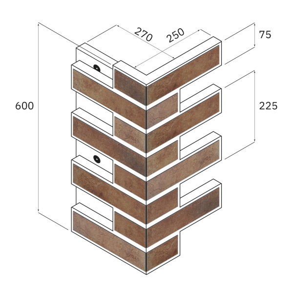 Термопанель угловая Европа с плиткой Keramin, 250х250х600 мм, 60 мм ППС, гладкий, цвет: Орегон 3