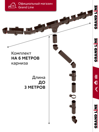 Комплект водосточной системы Дизайн 135 ПВХ Grand Line, 6м/3м, шоколадный