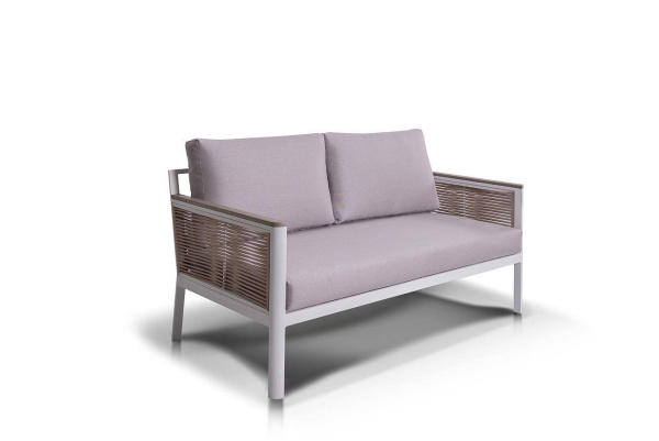 Диван 2-местный из роупа, Сан Ремо, каркас алюминий белый, роуп бежевый, ткань бежевая