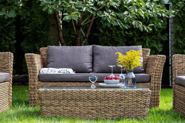 Диван 2-местный из искусственного ротанга /гиацинт/, Капучино соломенный