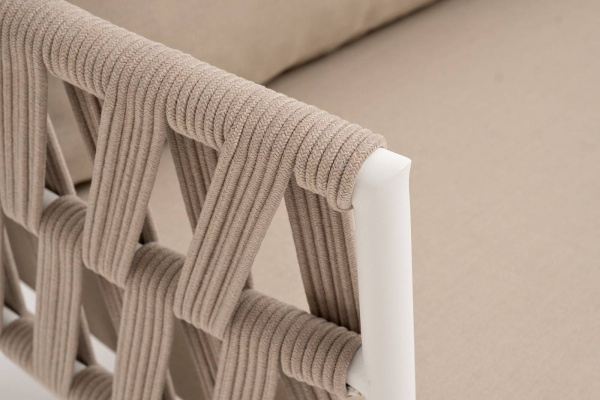 Диван 2-местный из роупа, Диего, каркас алюминий белый муар, роуп бежевый круглый, ткань бежевая 052