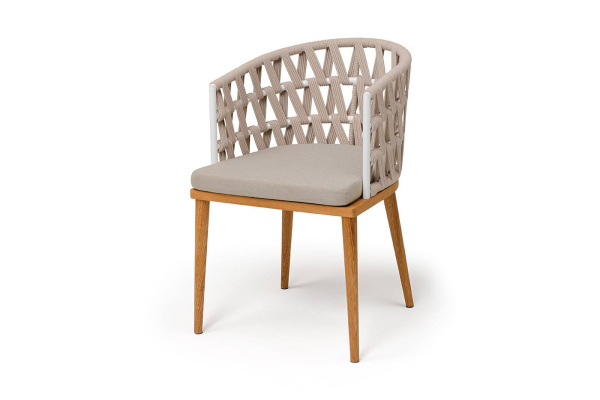 Стул из роупа, Диего, осн. дуб, каркас - сталь белый муар, роуп бежевый круглый, ткань бежевая