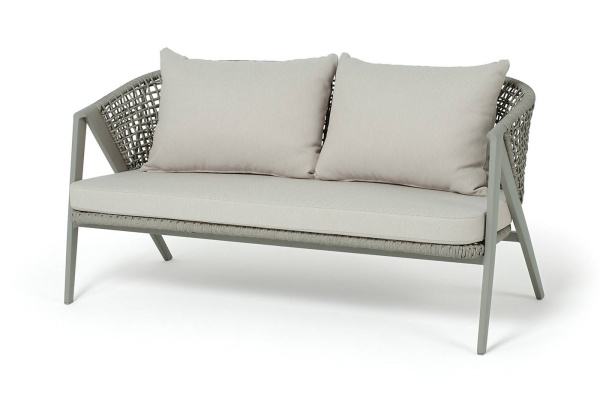 Диван 2-местный из роупа, Амстердам, каркас алюминий,  роуп серый круглый, ткань бежевая