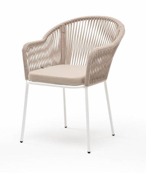 Стул из роупа, Лион, каркас - сталь белый муар, роуп бежевый круглый, ткань бежевая